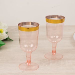 12 Pack Plastic Short Stem Wine Glasses 6oz Transparent Blush/Gold Rim - Disposable Cups for Parties